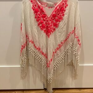 Miss June White Poncho with Pink Embroidery and Fringe Made In PARIS